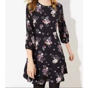LOFT Plus Floral Dress Womens size 22 Black Lined Round Neck Long Sleeve Zip-Up